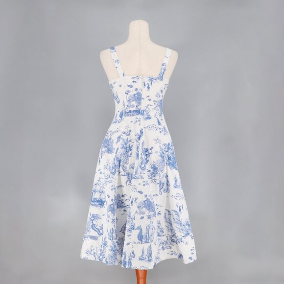 Avec Les Files Blue Toile Mermaid Sea Creature Midi Dress Size 4 - Picture 4 of 7